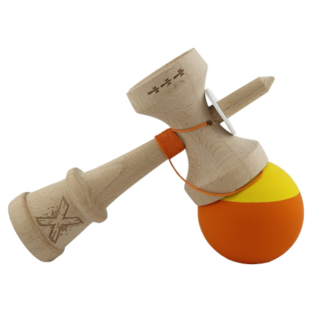 Kendama X Originala, Profesionala, Flippy, Rubber Grip, Cupe Mari KING SIZE V3, Gaura in Baza, Rulment Metalic, din lemn 18 cm, Ata 62/65 cm, Bicolor Galben/Portocaliu [4]