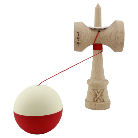 Kendama X Originala, Profesionala, Flippy, Rubber Grip, Cupe Mari KING SIZE V3, Gaura in Baza, Rulment Metalic, din lemn 18 cm, Ata 62/65 cm, Bicolor Galben/Rosu [3]