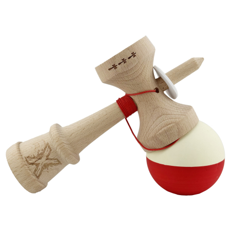 Kendama X Originala, Profesionala, Flippy, Rubber Grip, Cupe Mari KING SIZE V3, Gaura in Baza, Rulment Metalic, din lemn 18 cm, Ata 62/65 cm, Bicolor Galben/Rosu [4]