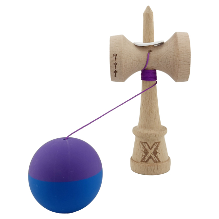 Kendama X Originala, Profesionala, Flippy, Rubber Grip, Cupe Mari KING SIZE V3, Gaura in Baza, Rulment Metalic, din lemn 18 cm, Ata 62/65 cm, Bicolor Mov/Albastru [3]