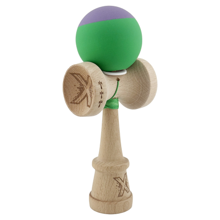 Kendama - Kendama X Originala, Profesionala, Flippy, Rubber Grip, Cupe Mari KING SIZE V3, Gaura in Baza, Rulment Metalic, din lemn 18 cm, Ata 62/65 cm, Bicolor Mov/Verde