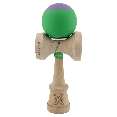 Kendama X Originala, Profesionala, Flippy, Rubber Grip, Cupe Mari KING SIZE V3, Gaura in Baza, Rulment Metalic, din lemn 18 cm, Ata 62/65 cm, Bicolor Mov/Verde [1]