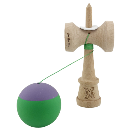 Kendama X Originala, Profesionala, Flippy, Rubber Grip, Cupe Mari KING SIZE V3, Gaura in Baza, Rulment Metalic, din lemn 18 cm, Ata 62/65 cm, Bicolor Mov/Verde [3]