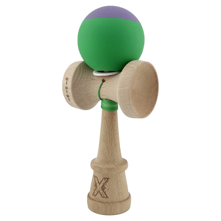 Kendama X Originala, Profesionala, Flippy, Rubber Grip, Cupe Mari KING SIZE V3, Gaura in Baza, Rulment Metalic, din lemn 18 cm, Ata 62/65 cm, Bicolor Mov/Verde [2]