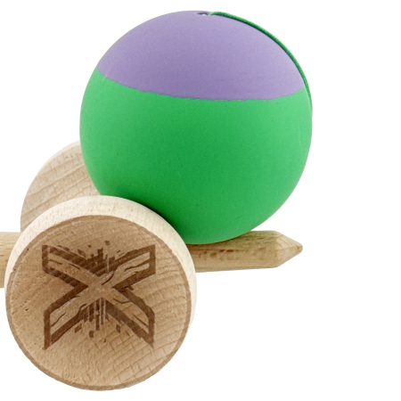 Kendama X Originala, Profesionala, Flippy, Rubber Grip, Cupe Mari KING SIZE V3, Gaura in Baza, Rulment Metalic, din lemn 18 cm, Ata 62/65 cm, Bicolor Mov/Verde [8]
