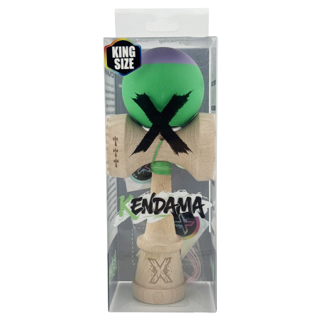 Kendama X Originala, Profesionala, Flippy, Rubber Grip, Cupe Mari KING SIZE V3, Gaura in Baza, Rulment Metalic, din lemn 18 cm, Ata 62/65 cm, Bicolor Mov/Verde [5]