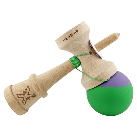 Kendama X Originala, Profesionala, Flippy, Rubber Grip, Cupe Mari KING SIZE V3, Gaura in Baza, Rulment Metalic, din lemn 18 cm, Ata 62/65 cm, Bicolor Mov/Verde [4]