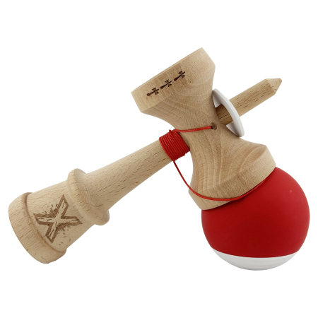 Kendama X Originala, Profesionala, Flippy, Rubber Grip, Cupe Mari KING SIZE V3, Gaura in Baza, Rulment Metalic, din lemn 18 cm, Ata 62/65 cm, Bicolor Rosu/Alb [4]