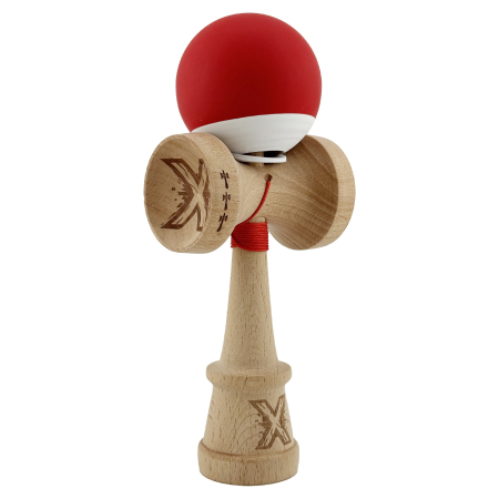 Kendama - Kendama X Originala, Profesionala, Flippy, Rubber Grip, Cupe Mari KING SIZE V3, Gaura in Baza, Rulment Metalic, din lemn 18 cm, Ata 62/65 cm, Bicolor Rosu/Alb