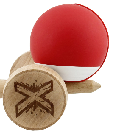 Kendama X Originala, Profesionala, Flippy, Rubber Grip, Cupe Mari KING SIZE V3, Gaura in Baza, Rulment Metalic, din lemn 18 cm, Ata 62/65 cm, Bicolor Rosu/Alb [8]