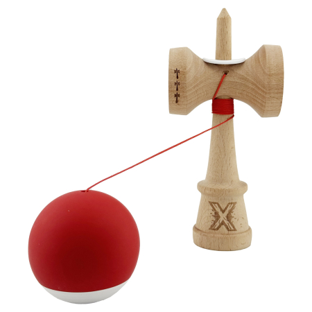 Kendama X Originala, Profesionala, Flippy, Rubber Grip, Cupe Mari KING SIZE V3, Gaura in Baza, Rulment Metalic, din lemn 18 cm, Ata 62/65 cm, Bicolor Rosu/Alb [3]