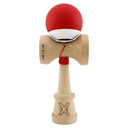 Kendama X Originala, Profesionala, Flippy, Rubber Grip, Cupe Mari KING SIZE V3, Gaura in Baza, Rulment Metalic, din lemn 18 cm, Ata 62/65 cm, Bicolor Rosu/Alb [1]
