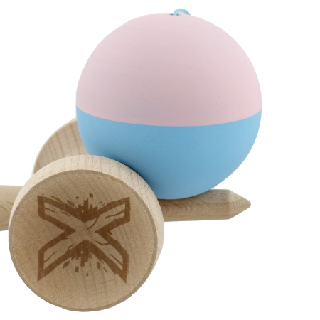Kendama X Originala, Profesionala, Flippy, Rubber Grip, Cupe Mari KING SIZE V3, Gaura in Baza, Rulment Metalic, din lemn 18 cm, Ata 62/65 cm, Bicolor Roz/Bleu [8]