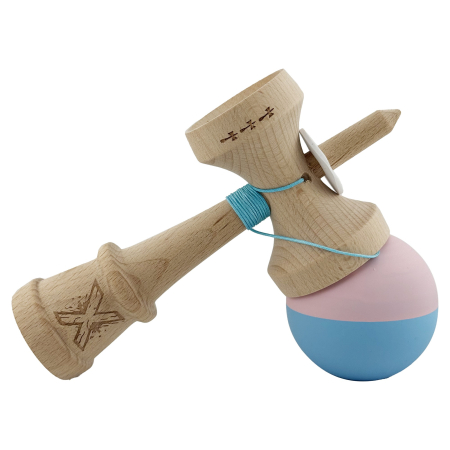 Kendama X Originala, Profesionala, Flippy, Rubber Grip, Cupe Mari KING SIZE V3, Gaura in Baza, Rulment Metalic, din lemn 18 cm, Ata 62/65 cm, Bicolor Roz/Bleu [4]
