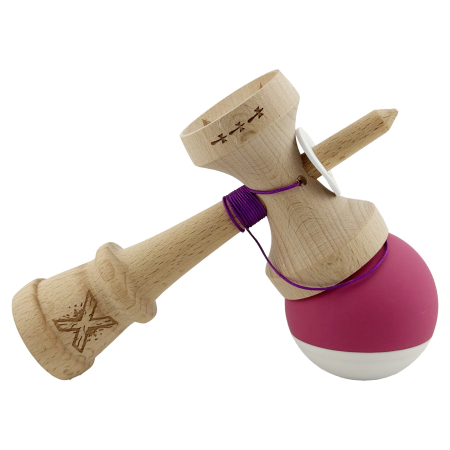 Kendama X Originala, Profesionala, Flippy, Rubber Grip, Cupe Mari KING SIZE V3, Gaura in Baza, Rulment Metalic, din lemn 18 cm, Ata 62/65 cm, Bicolor Roz inchis/Alb [4]