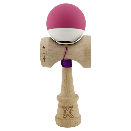 Kendama X Originala, Profesionala, Flippy, Rubber Grip, Cupe Mari KING SIZE V3, Gaura in Baza, Rulment Metalic, din lemn 18 cm, Ata 62/65 cm, Bicolor Roz inchis/Alb [1]