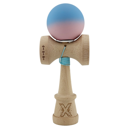 Kendama X Originala, Profesionala, Flippy, Rubber Grip, Cupe Mari KING SIZE V3, Gaura in Baza, Rulment Metalic, din lemn 18 cm, Ata 62/65 cm, Gradient Albastru/Roz [1]
