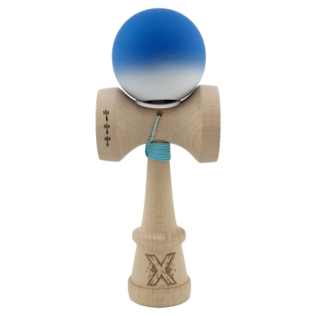 Kendama X Originala, Profesionala, Flippy, Rubber Grip, Cupe Mari KING SIZE V3, Gaura in Baza, Rulment Metalic, din lemn 18 cm, Ata 62/65 cm, Gradient Albastru/Alb [1]