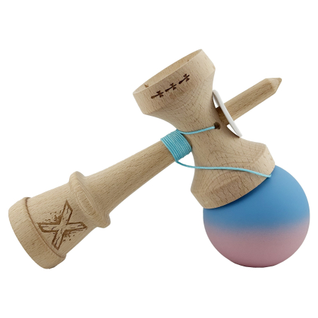 Kendama X Originala, Profesionala, Flippy, Rubber Grip, Cupe Mari KING SIZE V3, Gaura in Baza, Rulment Metalic, din lemn 18 cm, Ata 62/65 cm, Gradient Albastru/Roz [4]