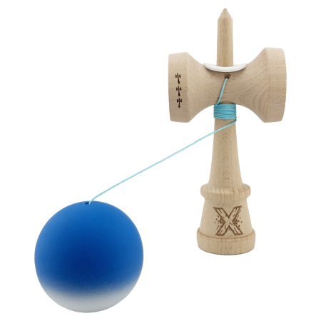 Kendama X Originala, Profesionala, Flippy, Rubber Grip, Cupe Mari KING SIZE V3, Gaura in Baza, Rulment Metalic, din lemn 18 cm, Ata 62/65 cm, Gradient Albastru/Alb [3]
