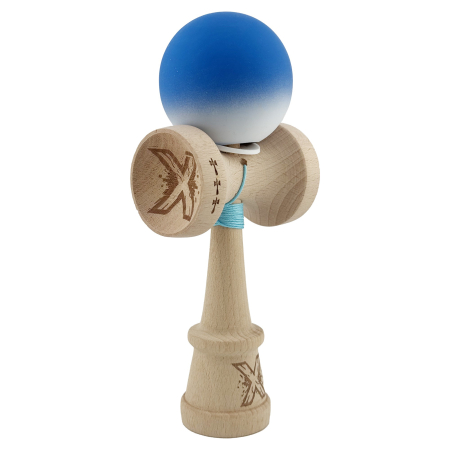 Kendama - Kendama X Originala, Profesionala, Flippy, Rubber Grip, Cupe Mari KING SIZE V3, Gaura in Baza, Rulment Metalic, din lemn 18 cm, Ata 62/65 cm, Gradient Albastru/Alb