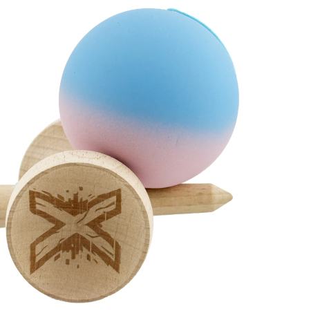 Kendama X Originala, Profesionala, Flippy, Rubber Grip, Cupe Mari KING SIZE V3, Gaura in Baza, Rulment Metalic, din lemn 18 cm, Ata 62/65 cm, Gradient Albastru/Roz [8]