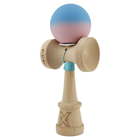 Kendama X Originala, Profesionala, Flippy, Rubber Grip, Cupe Mari KING SIZE V3, Gaura in Baza, Rulment Metalic, din lemn 18 cm, Ata 62/65 cm, Gradient Albastru/Roz [2]
