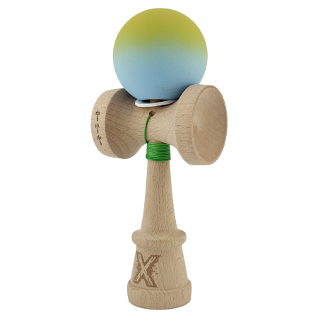Kendama X Originala, Profesionala, Flippy, Rubber Grip, Cupe Mari KING SIZE V3, Gaura in Baza, Rulment Metalic, din lemn 18 cm, Ata 62/65 cm, Gradient Galben/Albastru deschis [2]