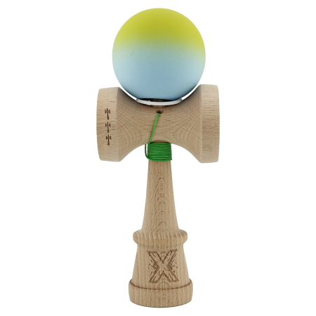 Kendama X Originala, Profesionala, Flippy, Rubber Grip, Cupe Mari KING SIZE V3, Gaura in Baza, Rulment Metalic, din lemn 18 cm, Ata 62/65 cm, Gradient Galben/Albastru [1]