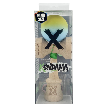 Kendama X Originala, Profesionala, Flippy, Rubber Grip, Cupe Mari KING SIZE V3, Gaura in Baza, Rulment Metalic, din lemn 18 cm, Ata 62/65 cm, Gradient Galben/Albastru deschis [5]