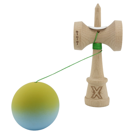Kendama X Originala, Profesionala, Flippy, Rubber Grip, Cupe Mari KING SIZE V3, Gaura in Baza, Rulment Metalic, din lemn 18 cm, Ata 62/65 cm, Gradient Galben/Albastru deschis [3]