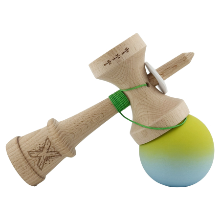 Kendama X Originala, Profesionala, Flippy, Rubber Grip, Cupe Mari KING SIZE V3, Gaura in Baza, Rulment Metalic, din lemn 18 cm, Ata 62/65 cm, Gradient Galben/Albastru [4]