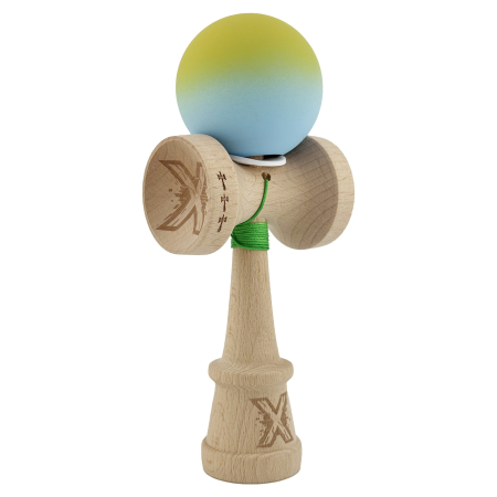 Kendama - Kendama X Originala, Profesionala, Flippy, Rubber Grip, Cupe Mari KING SIZE V3, Gaura in Baza, Rulment Metalic, din lemn 18 cm, Ata 62/65 cm, Gradient Galben/Albastru deschis