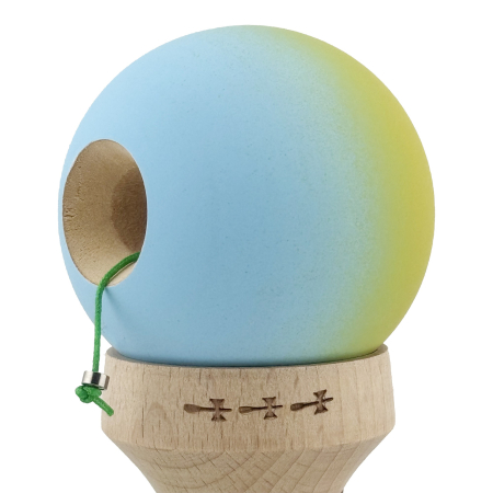 Kendama X Originala, Profesionala, Flippy, Rubber Grip, Cupe Mari KING SIZE V3, Gaura in Baza, Rulment Metalic, din lemn 18 cm, Ata 62/65 cm, Gradient Galben/Albastru deschis [6]