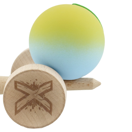 Kendama X Originala, Profesionala, Flippy, Rubber Grip, Cupe Mari KING SIZE V3, Gaura in Baza, Rulment Metalic, din lemn 18 cm, Ata 62/65 cm, Gradient Galben/Albastru deschis [8]