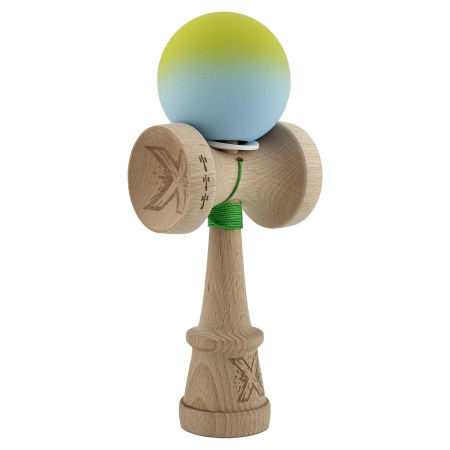 Kendama - Kendama X Originala, Profesionala, Flippy, Rubber Grip, Cupe Mari KING SIZE V3, Gaura in Baza, Rulment Metalic, din lemn 18 cm, Ata 62/65 cm, Gradient Galben/Albastru
