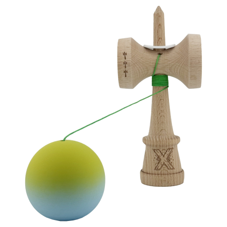 Kendama X Originala, Profesionala, Flippy, Rubber Grip, Cupe Mari KING SIZE V3, Gaura in Baza, Rulment Metalic, din lemn 18 cm, Ata 62/65 cm, Gradient Galben/Albastru [3]