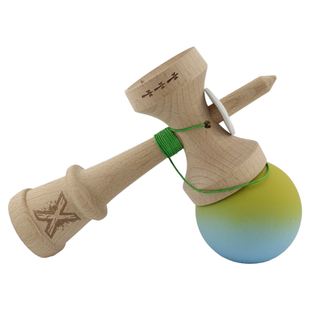 Kendama X Originala, Profesionala, Flippy, Rubber Grip, Cupe Mari KING SIZE V3, Gaura in Baza, Rulment Metalic, din lemn 18 cm, Ata 62/65 cm, Gradient Galben/Albastru deschis [4]