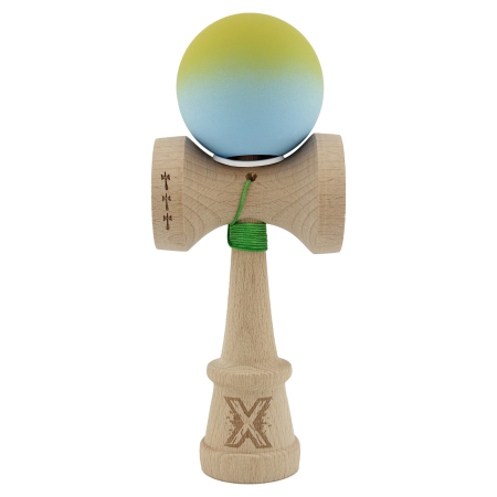 Kendama X Originala, Profesionala, Flippy, Rubber Grip, Cupe Mari KING SIZE V3, Gaura in Baza, Rulment Metalic, din lemn 18 cm, Ata 62/65 cm, Gradient Galben/Albastru deschis [1]