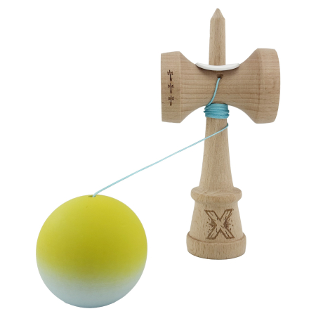 Kendama X Originala, Profesionala, Flippy, Rubber Grip, Cupe Mari KING SIZE V3, Gaura in Baza, Rulment Metalic, din lemn 18 cm, Ata 62/65 cm, Gradient Galben/Verde deschis [3]