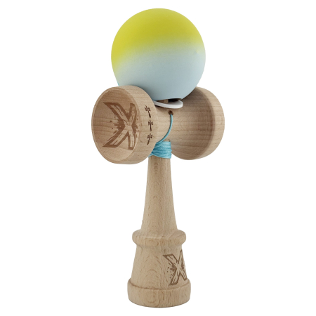 Kendama - Kendama X Originala, Profesionala, Flippy, Rubber Grip, Cupe Mari KING SIZE V3, Gaura in Baza, Rulment Metalic, din lemn 18 cm, Ata 62/65 cm, Gradient Galben/Verde deschis