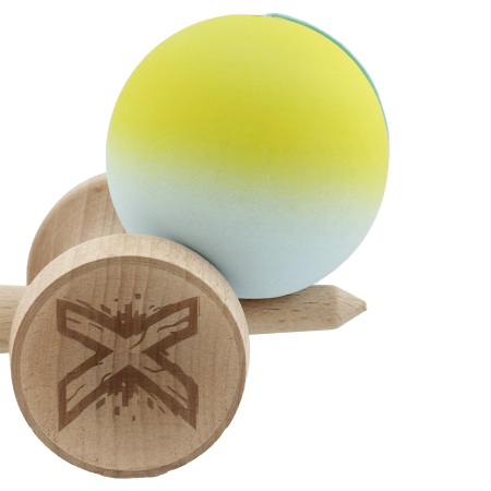 Kendama X Originala, Profesionala, Flippy, Rubber Grip, Cupe Mari KING SIZE V3, Gaura in Baza, Rulment Metalic, din lemn 18 cm, Ata 62/65 cm, Gradient Galben/Verde deschis [7]