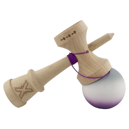 Kendama X Originala, Profesionala, Flippy, Rubber Grip, Cupe Mari KING SIZE V3, Gaura in Baza, Rulment Metalic, din lemn 18 cm, Ata 62/65 cm, Gradient Gri/Alb/Mov [8]