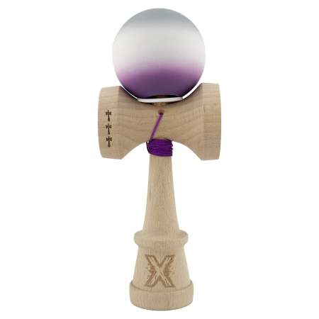 Kendama X Originala, Profesionala, Flippy, Rubber Grip, Cupe Mari KING SIZE V3, Gaura in Baza, Rulment Metalic, din lemn 18 cm, Ata 62/65 cm, Gradient Gri/Alb/Mov [1]