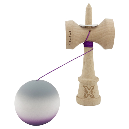 Kendama X Originala, Profesionala, Flippy, Rubber Grip, Cupe Mari KING SIZE V3, Gaura in Baza, Rulment Metalic, din lemn 18 cm, Ata 62/65 cm, Gradient Gri/Alb/Mov [3]