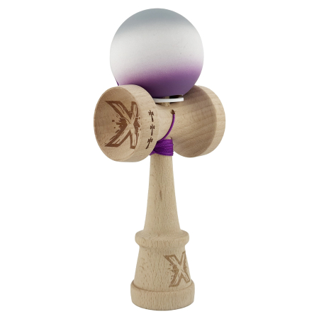 Kendama - Kendama X Originala, Profesionala, Flippy, Rubber Grip, Cupe Mari KING SIZE V3, Gaura in Baza, Rulment Metalic, din lemn 18 cm, Ata 62/65 cm, Gradient Gri/Alb/Mov