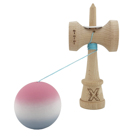 Kendama X Originala, Profesionala, Flippy, Rubber Grip, Cupe Mari KING SIZE V3, Gaura in Baza, Rulment Metalic, din lemn 18 cm, Ata 62/65 cm, Gradient Roz/Alb/Gri [3]