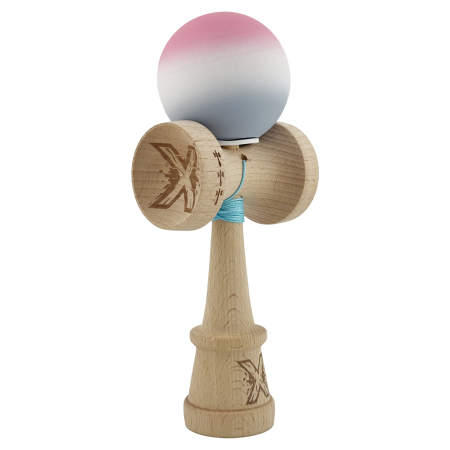 Kendama - Kendama X Originala, Profesionala, Flippy, Rubber Grip, Cupe Mari KING SIZE V3, Gaura in Baza, Rulment Metalic, din lemn 18 cm, Ata 62/65 cm, Gradient Roz/Alb/Gri