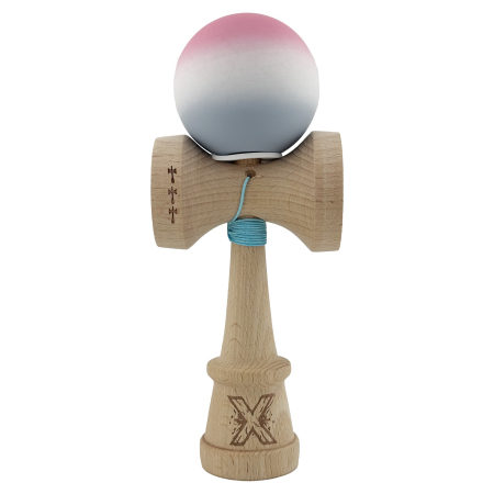 Kendama X Originala, Profesionala, Flippy, Rubber Grip, Cupe Mari KING SIZE V3, Gaura in Baza, Rulment Metalic, din lemn 18 cm, Ata 62/65 cm, Gradient Roz/Alb/Gri [1]