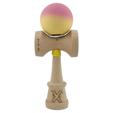 Kendama X Originala, Profesionala, Flippy, Rubber Grip, Cupe Mari KING SIZE V3, Gaura in Baza, Rulment Metalic, din lemn 18 cm, Ata 62/65 cm, Gradient Roz/Galben [1]